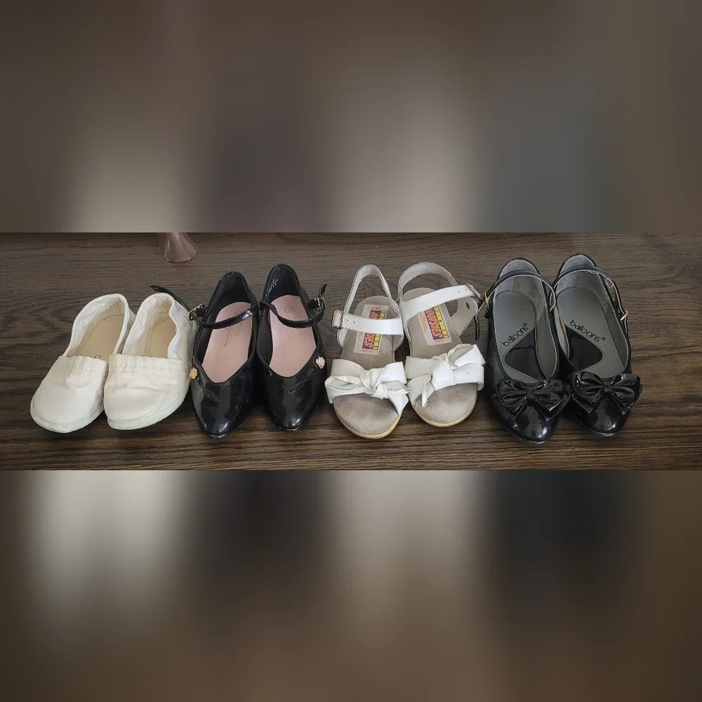 4 Pairs Girl's Shoes Sizes 8,10,11,12 Black Mary Janes, White Sandals, Sneakers
